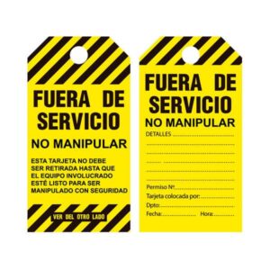 TARJETA DE BLOQUEO "FUERA DE SERVICIO", COLOR AMARILLO (PLASTIFICADA Y EN TAMAÑO A6)